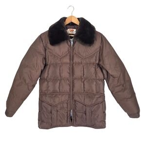 Vtg Comfy Western Puffer Jacket Brown Down Insulated Fur Collar Mens M USA Made